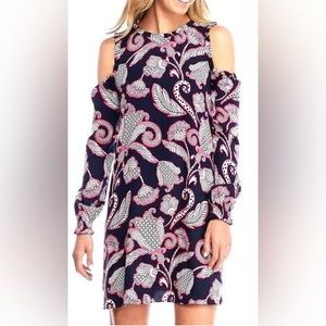 CROWN & IVY Ruffle Neck Cold Shoulder Dress Navy Blue Pink White Floral Paisley